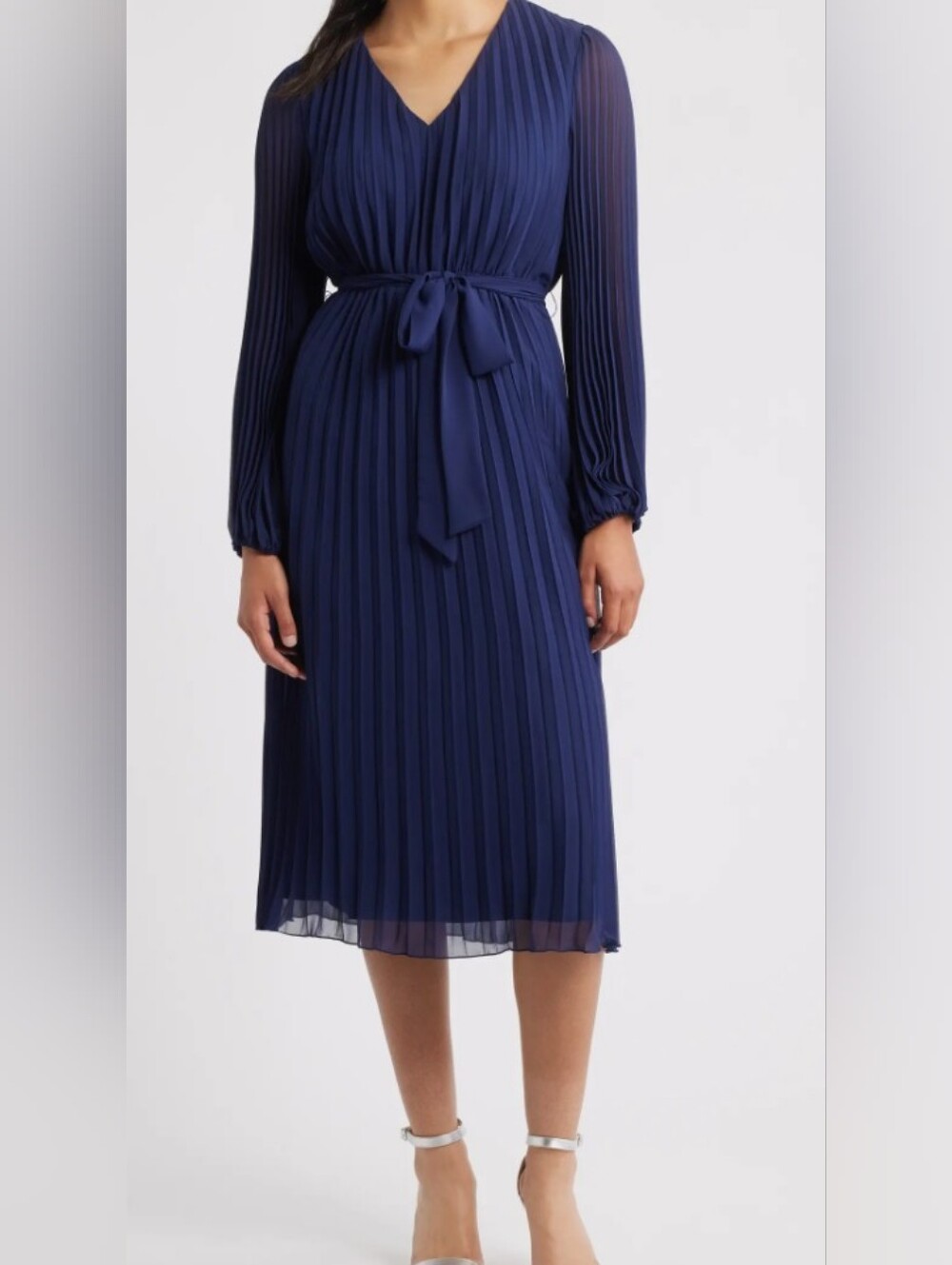 Sam Edelman Pleated Long Sleeve Chiffon Midi Dress